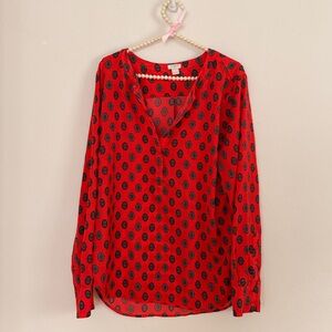 J. Crew Red Long-Sleeve Printed V-Neck Blouse satin business office wear large